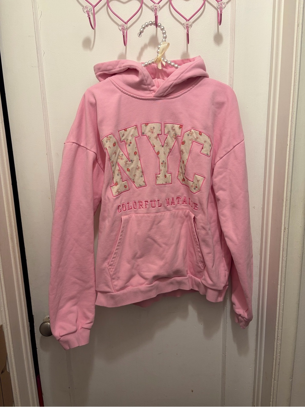Colorful Natalie Pink NYC hoodie with floral details Size M